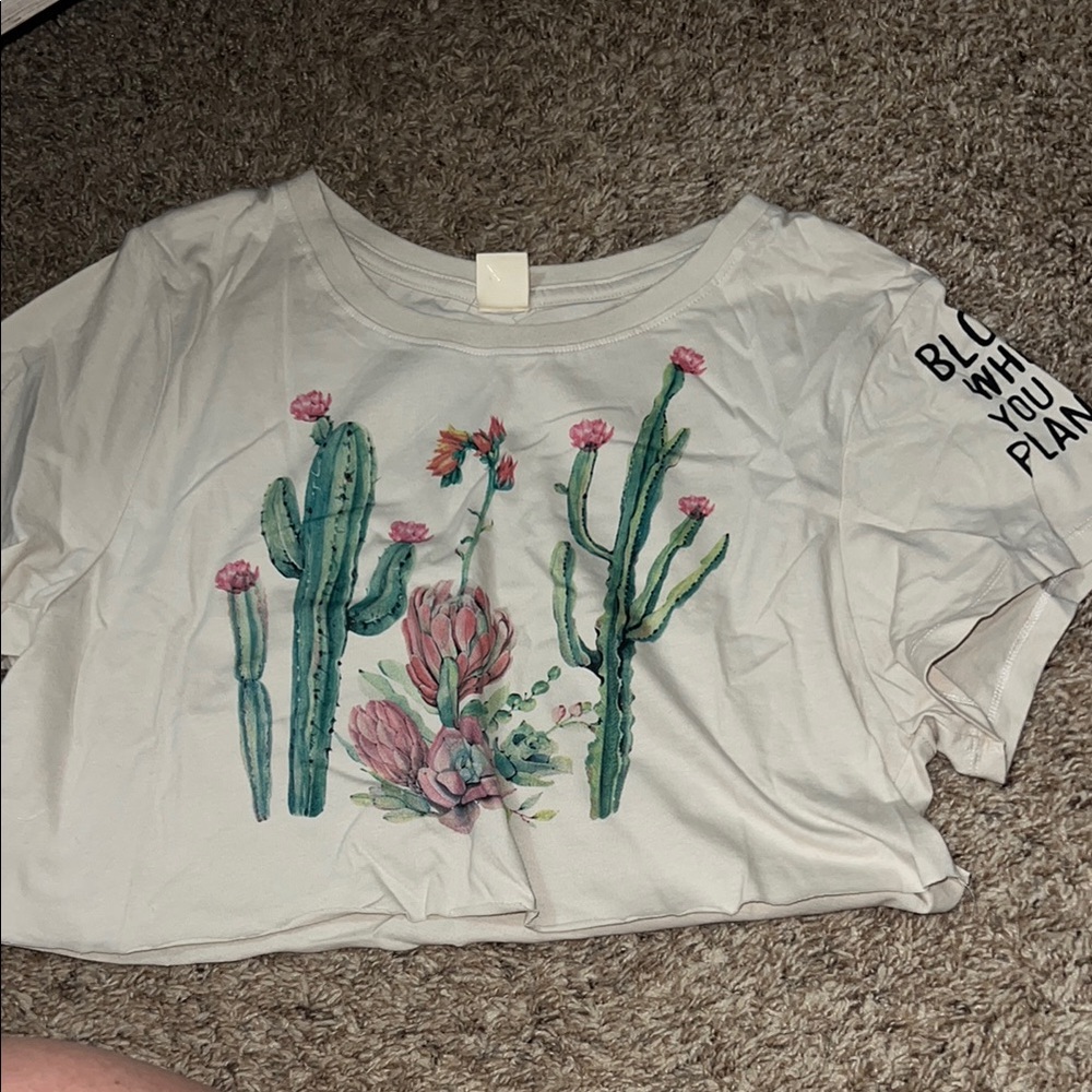 Cactus Graphic Tee with Inspirational Sleeve